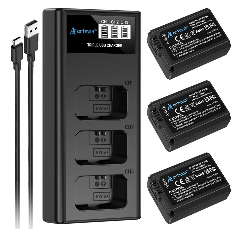 Artman NP-FW50 Battery 3-Pack and Upgraded 3-Slot ZV-E10 Battery LCD Charger